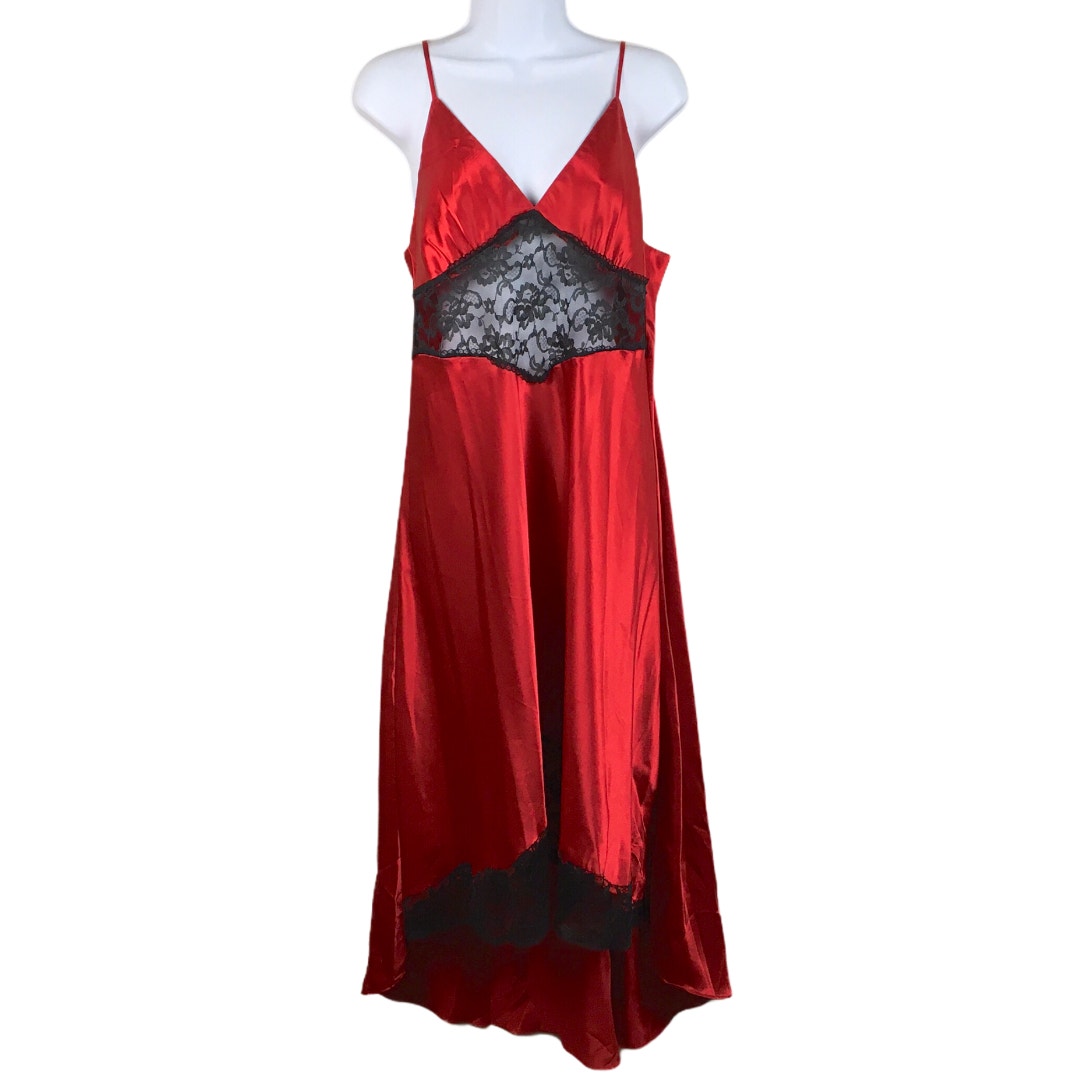 Victoria's Secret Vintage Slip Dress Lace Nightie Red Satin Black Lace Women's L